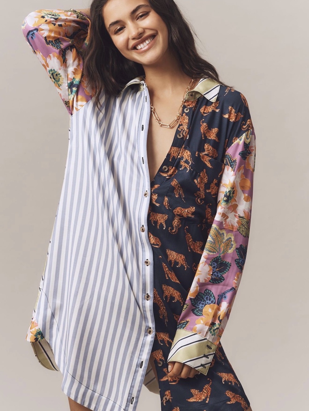 NWT The Soren Mixed-Print Mini Shirt Dress by Maeve size small Petite